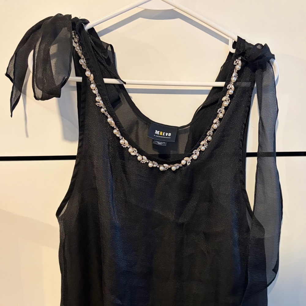 Anthropologie Black Sheer Dress with Pearl Detail